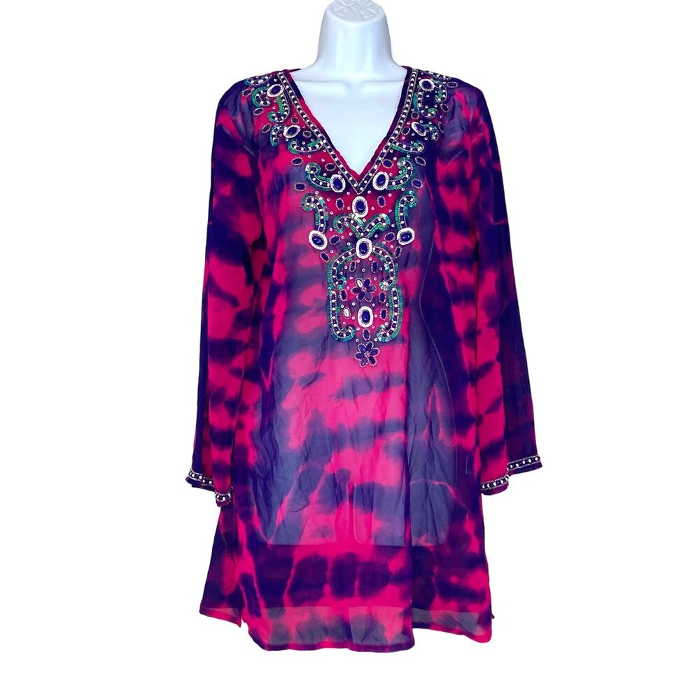 NWT Blue Island Swimsuit Coverup Tunic Dress Embellished V-Neck Size M Medium